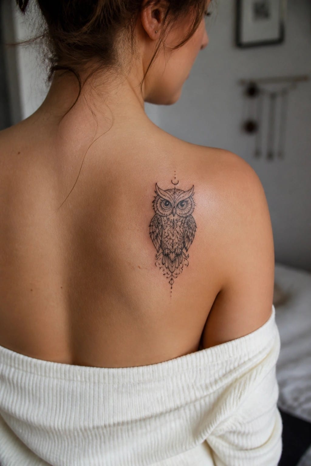 Woman's back with intricate owl tattoo wearing white off-shoulder sweater