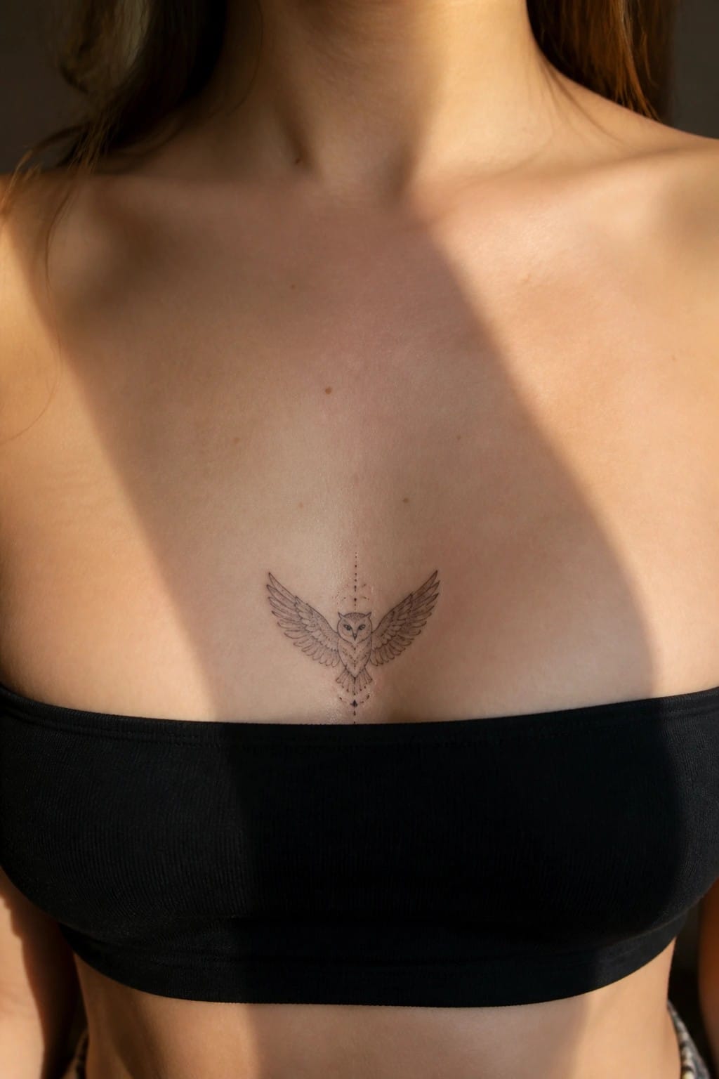 Owl with spread wings tattoo on sunlit chest above black strapless top