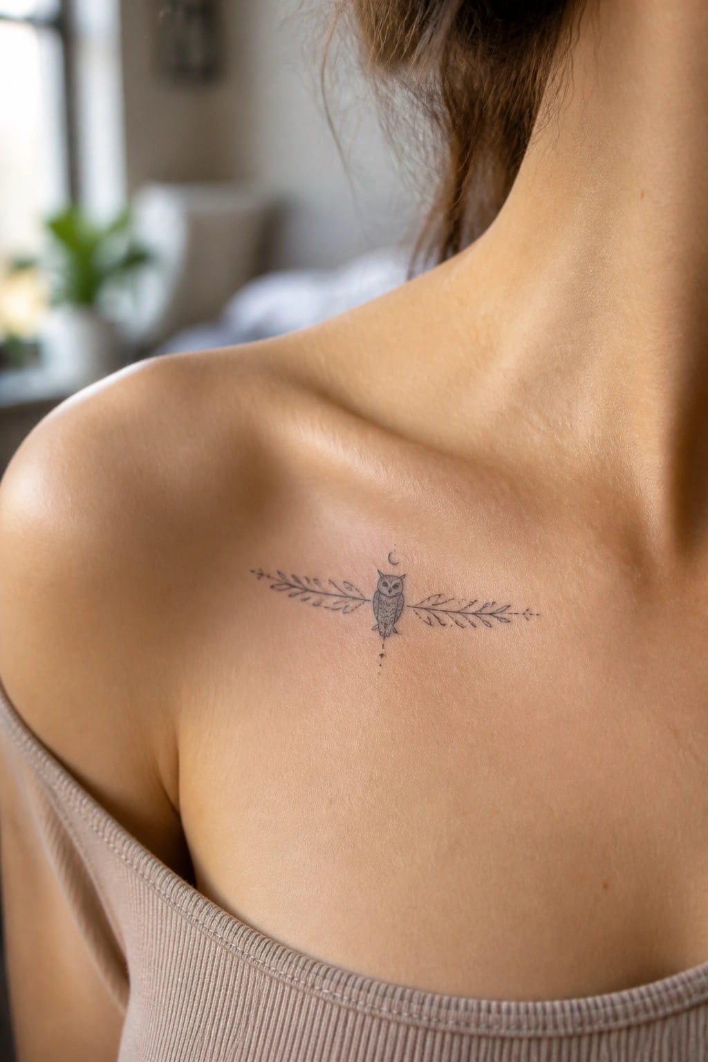 Delicate owl tattoo with leafy branches and crescent moon on upper back over beige top