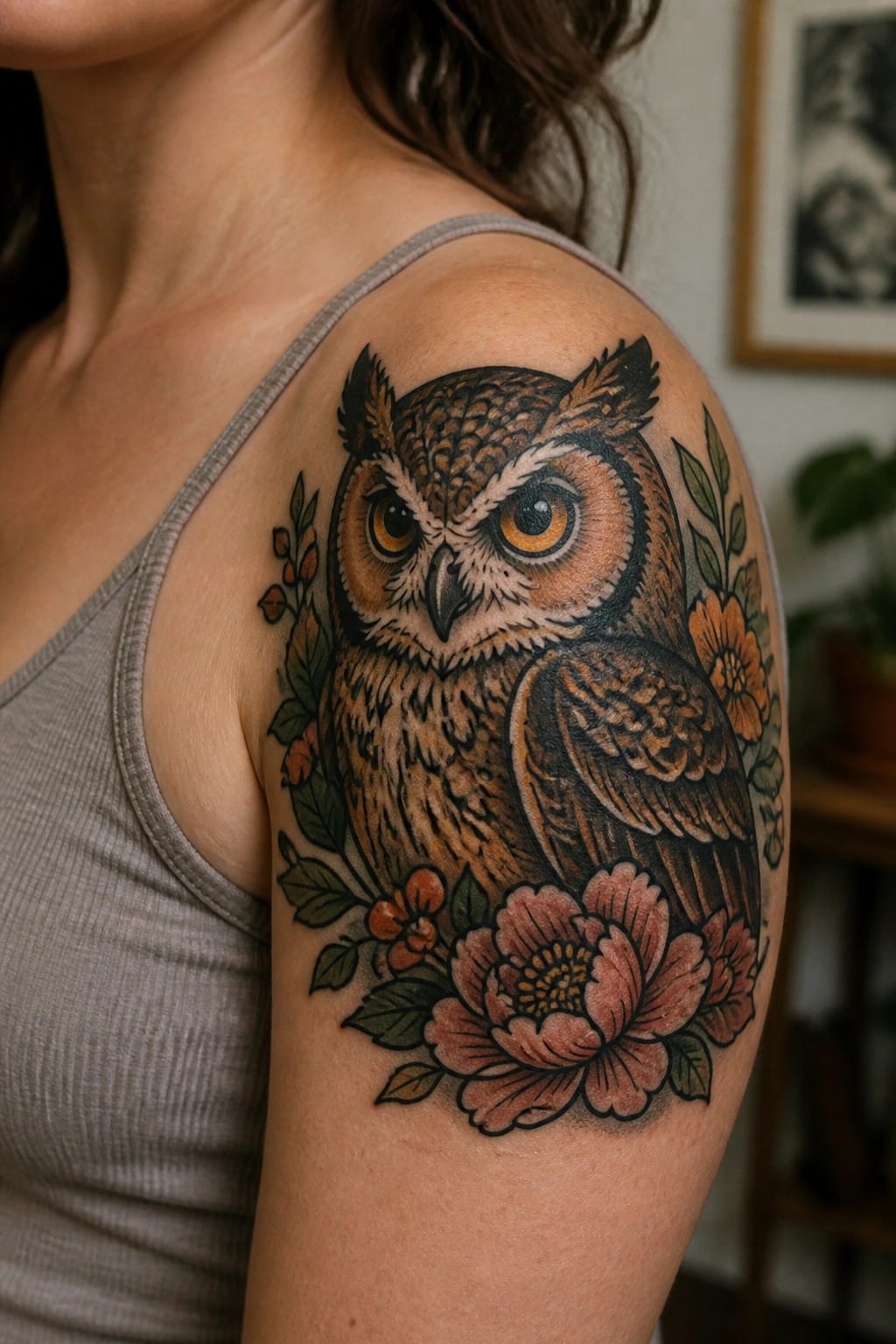 Gray tank top strap over shoulder with detailed owl tattoo and pink flowers