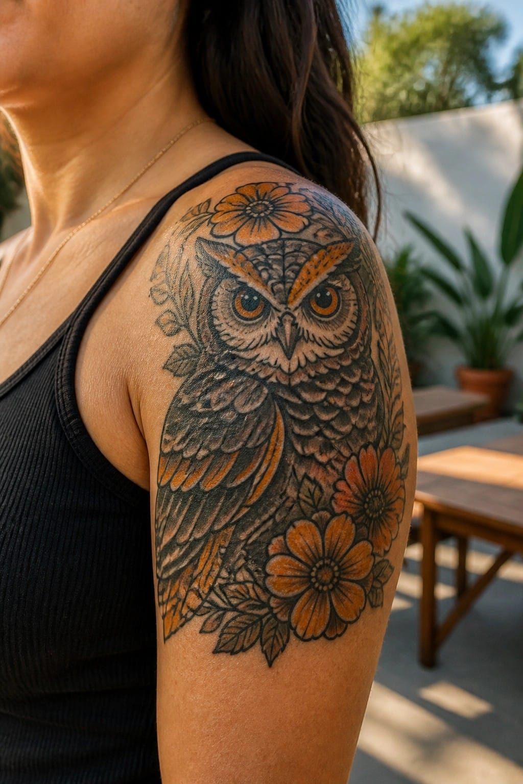 Upper arm tattoo of an owl with orange flowers and leaves on a woman's shoulder