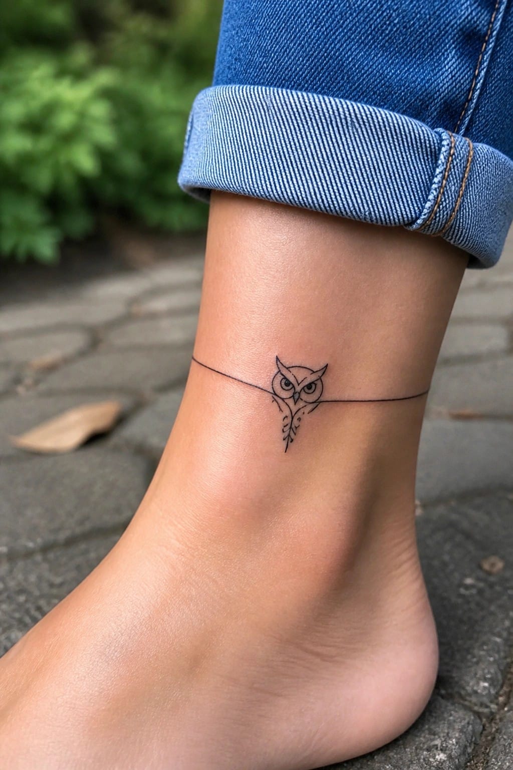 Owl tattoo on ankle with thin horizontal line, under cuffed blue jeans