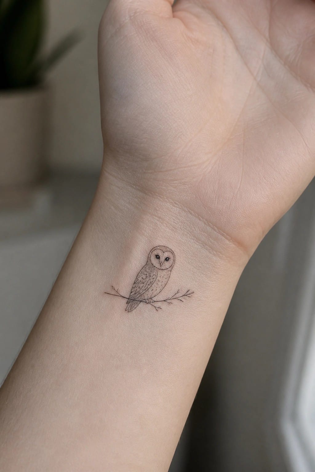 Fine-line owl tattoo on wrist, perched on thin branch with dotted shading.