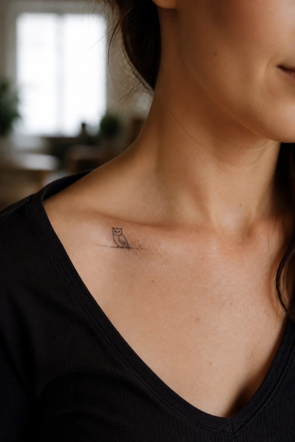 Small owl tattoo on dotted branch above black V-neck shirt neckline