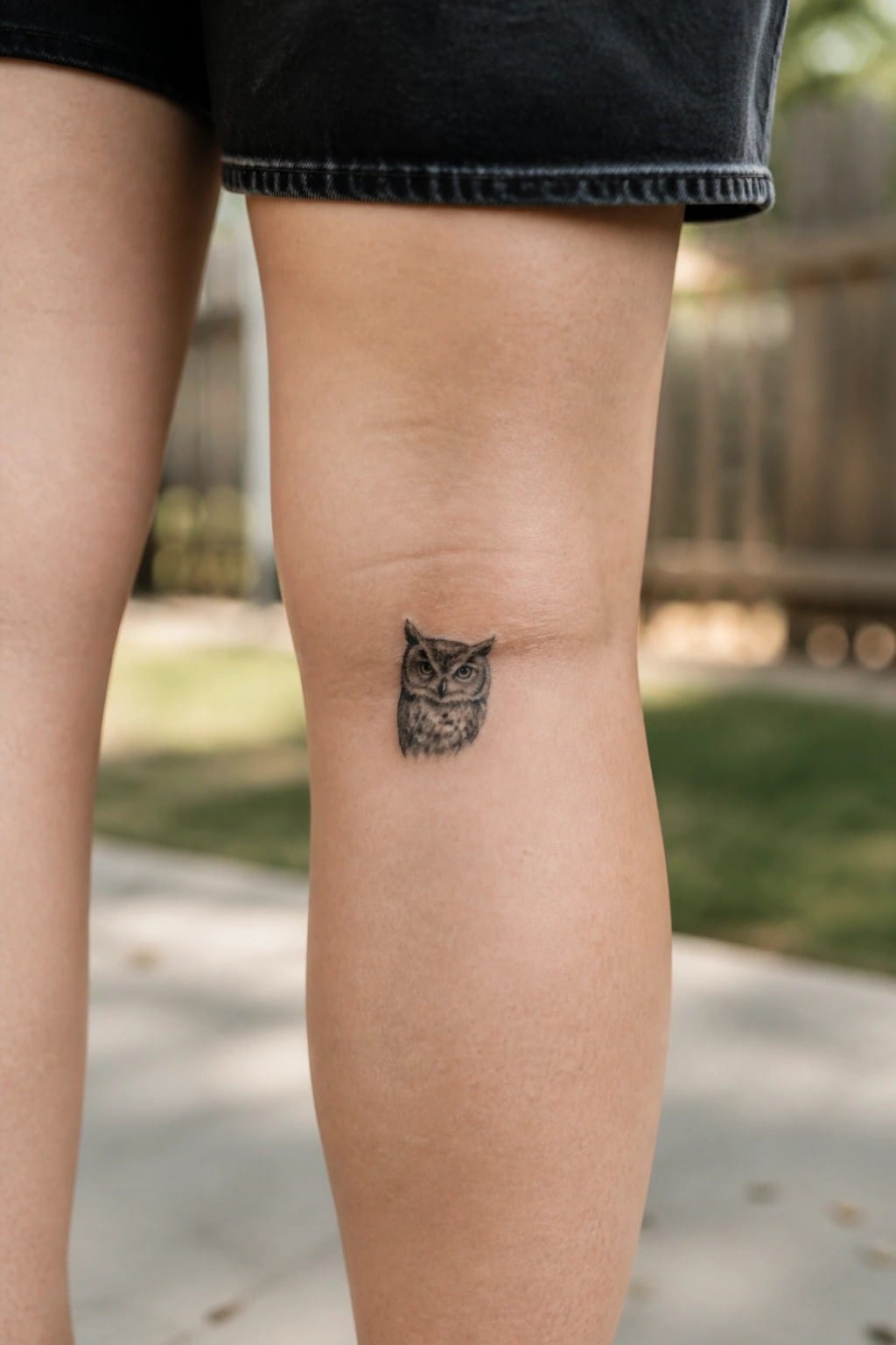 Black denim shorts above a small realistic owl tattoo on a knee.