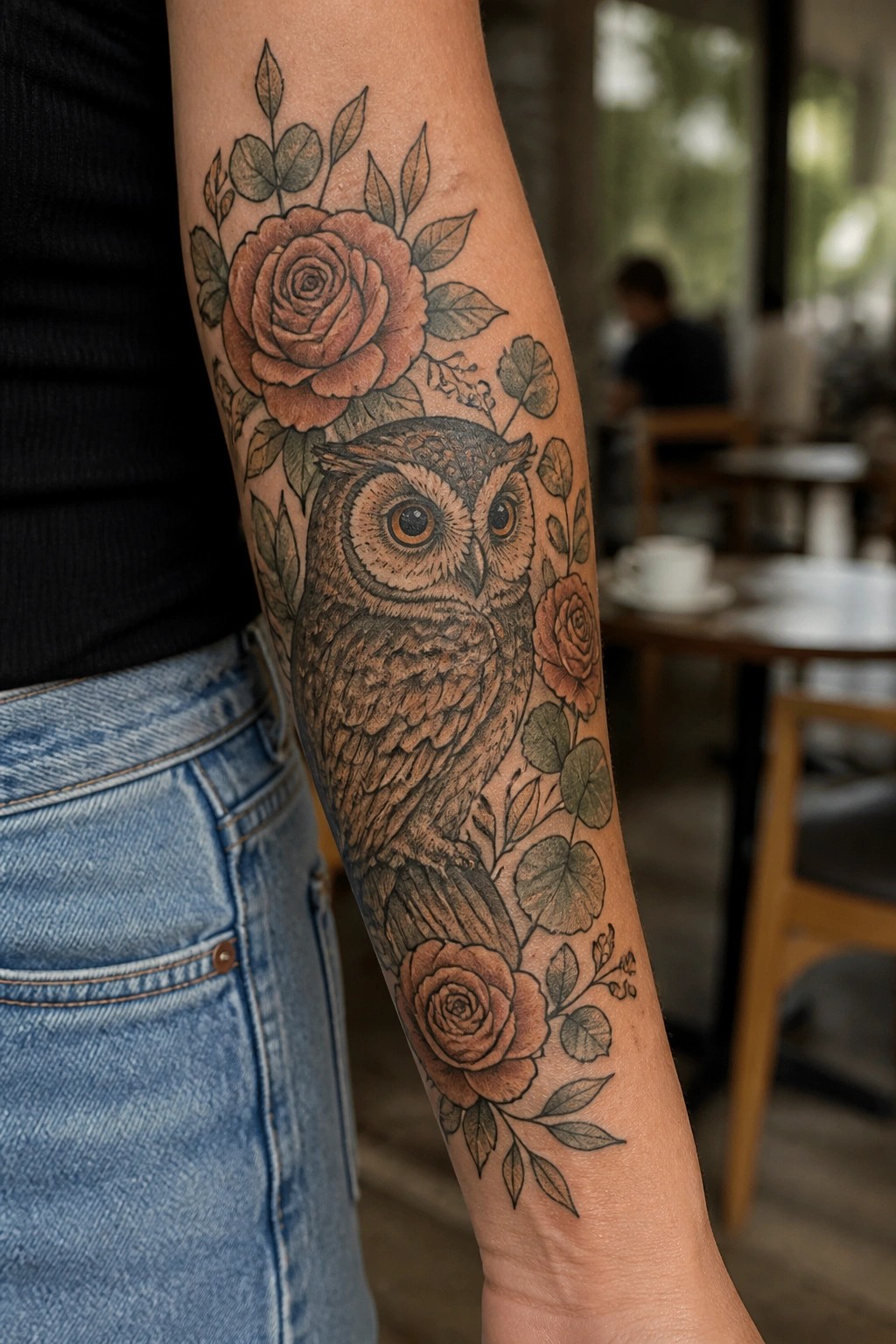 Owl and rose tattoo on forearm, person wearing black shirt and blue jeans