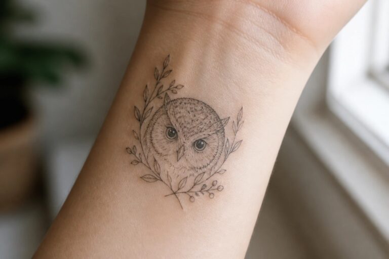 22 Floral Owl Tattoo Ideas for Women Featuring Botanical Details Black and grey fine line tattoo of an owl with surrounding leaves and flowers on the inner wrist