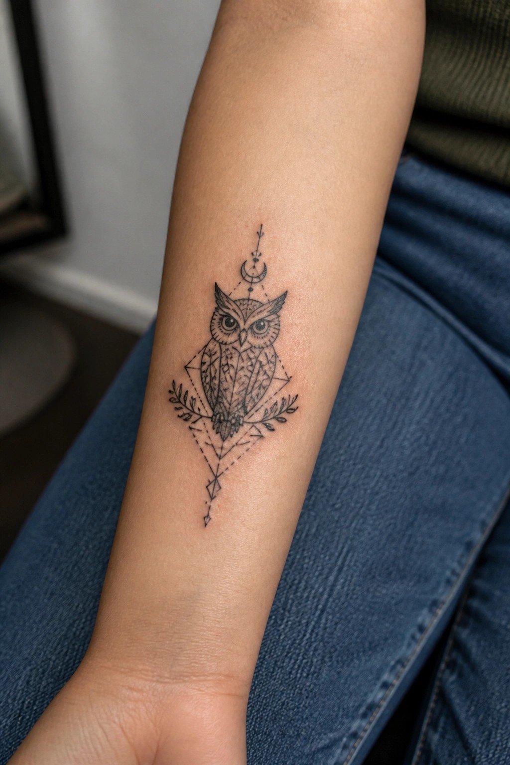 Geometric owl tattoo with moon and leaves on forearm above blue jeans