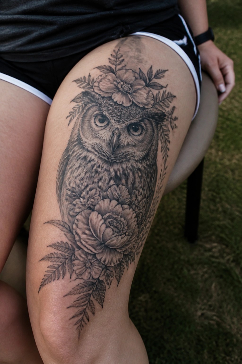 Detailed black-and-gray owl tattoo with flowers on thigh in black shorts.