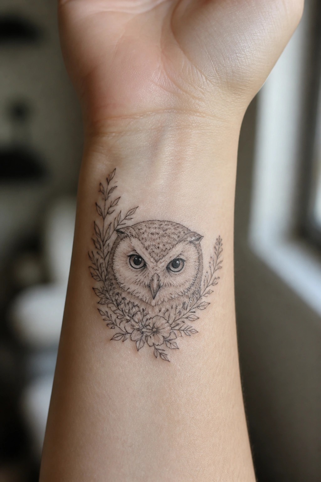 Black and grey fine line tattoo of an owl with surrounding leaves and flowers on the inner wrist