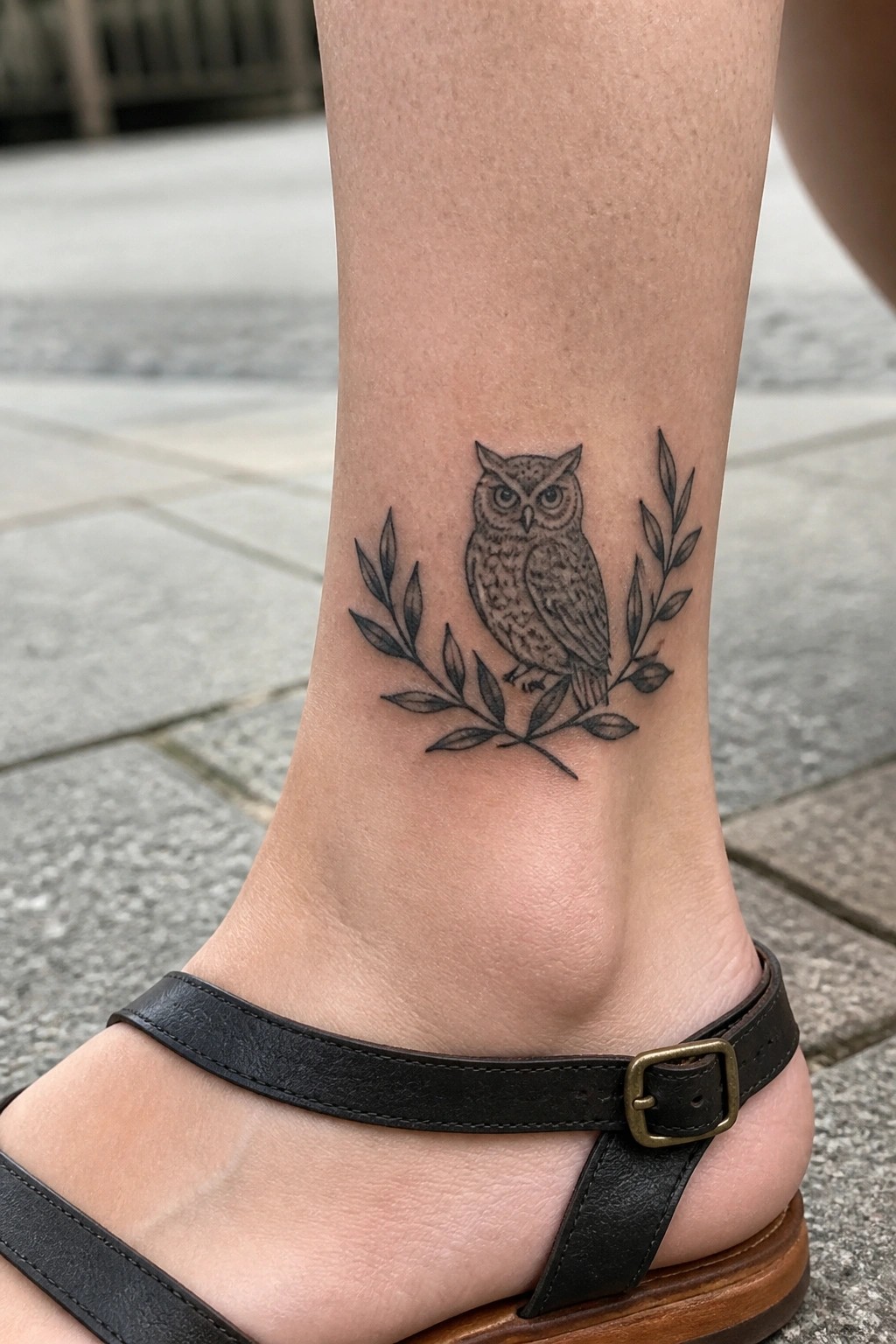 Owl tattoo with laurel branches on ankle above black strapped sandal