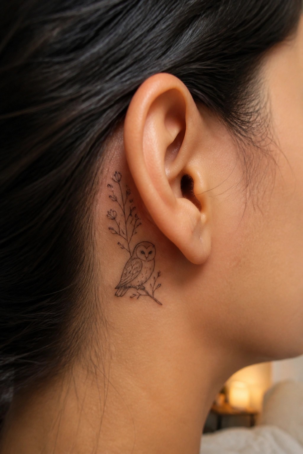 Owl tattoo behind ear on branch with flowers and leaves in black ink