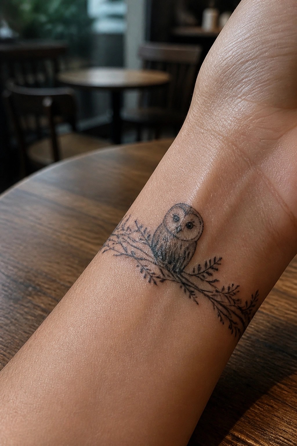 Owl tattoo on wrist perched on leafy branch in black ink