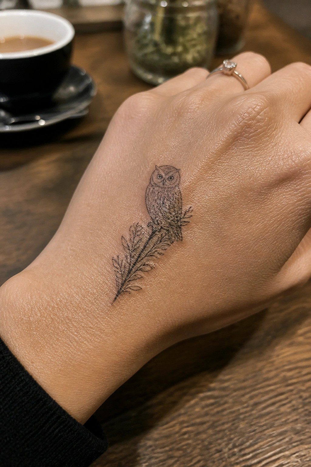 Fine line black ink tattoo of an owl perched on a leafy branch placed on the back of a hand