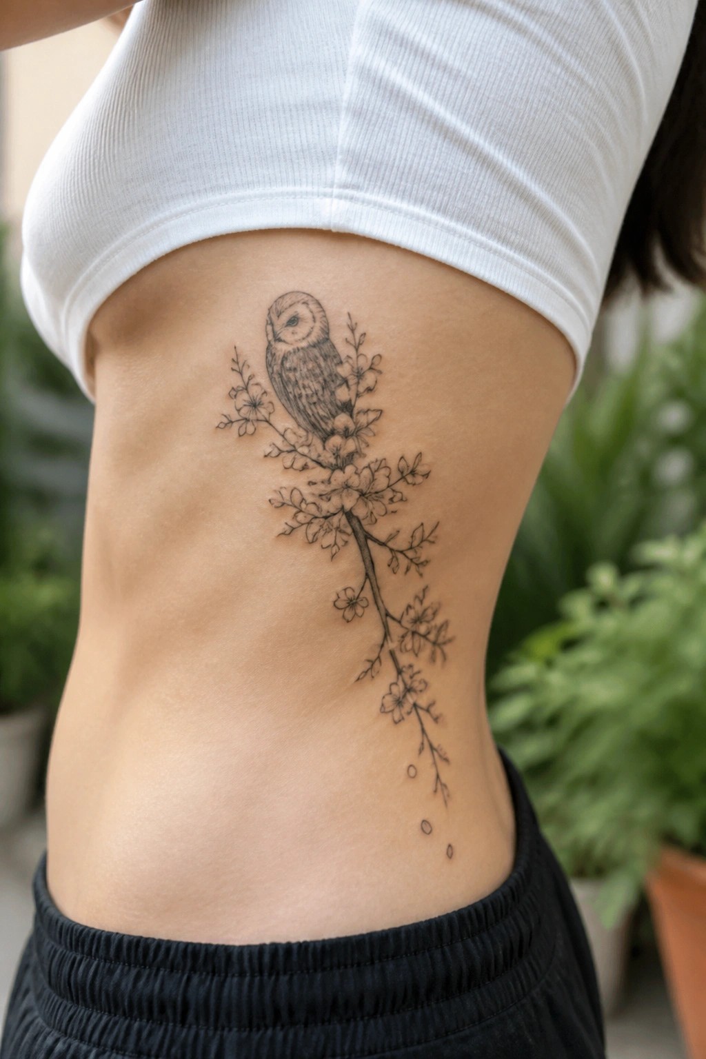 Black and grey tattoo of an owl perched on a flowering branch running down the side of a woman's torso.