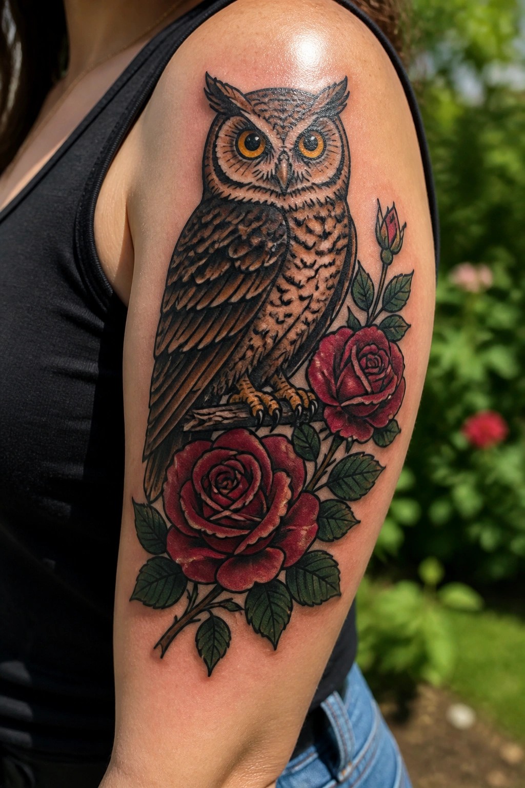 Owl with red roses tattoo on upper arm of person in black tank top