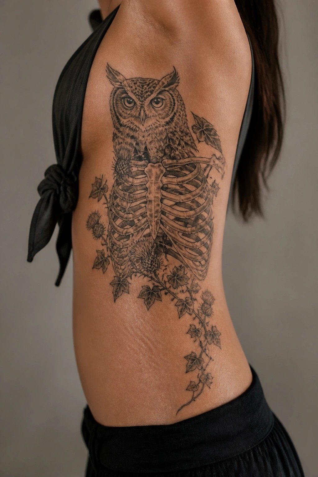 Black knotted halter top with large owl-skeleton tattoo and thistle-ivy details on torso.