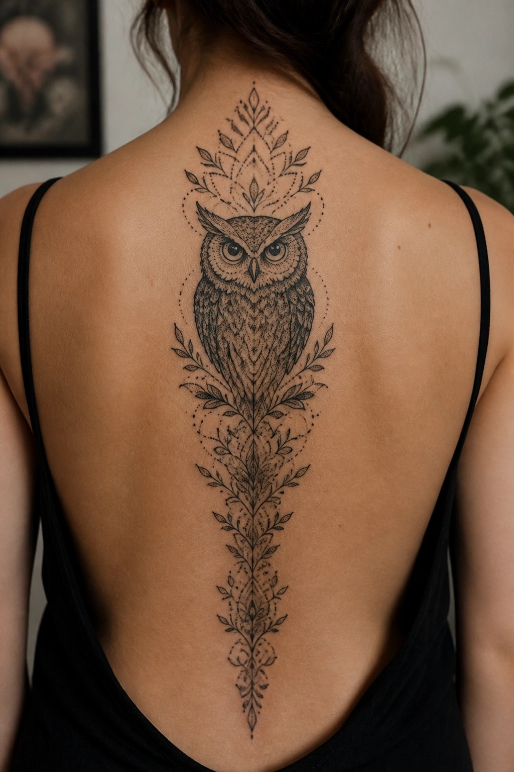 Woman's back with detailed owl tattoo and leaf patterns down spine in black top.