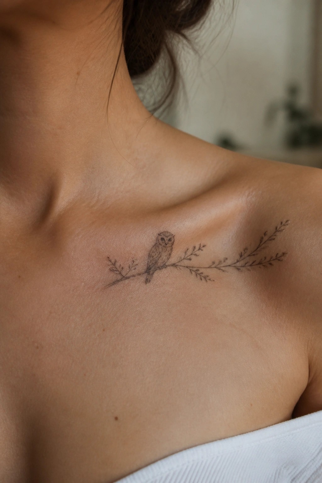 Owl tattoo perched on leafy branch across fair-skinned shoulder and collarbone