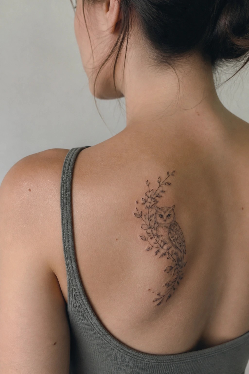 Fine line tattoo of an owl with flowers and leaves on a woman's upper back.
