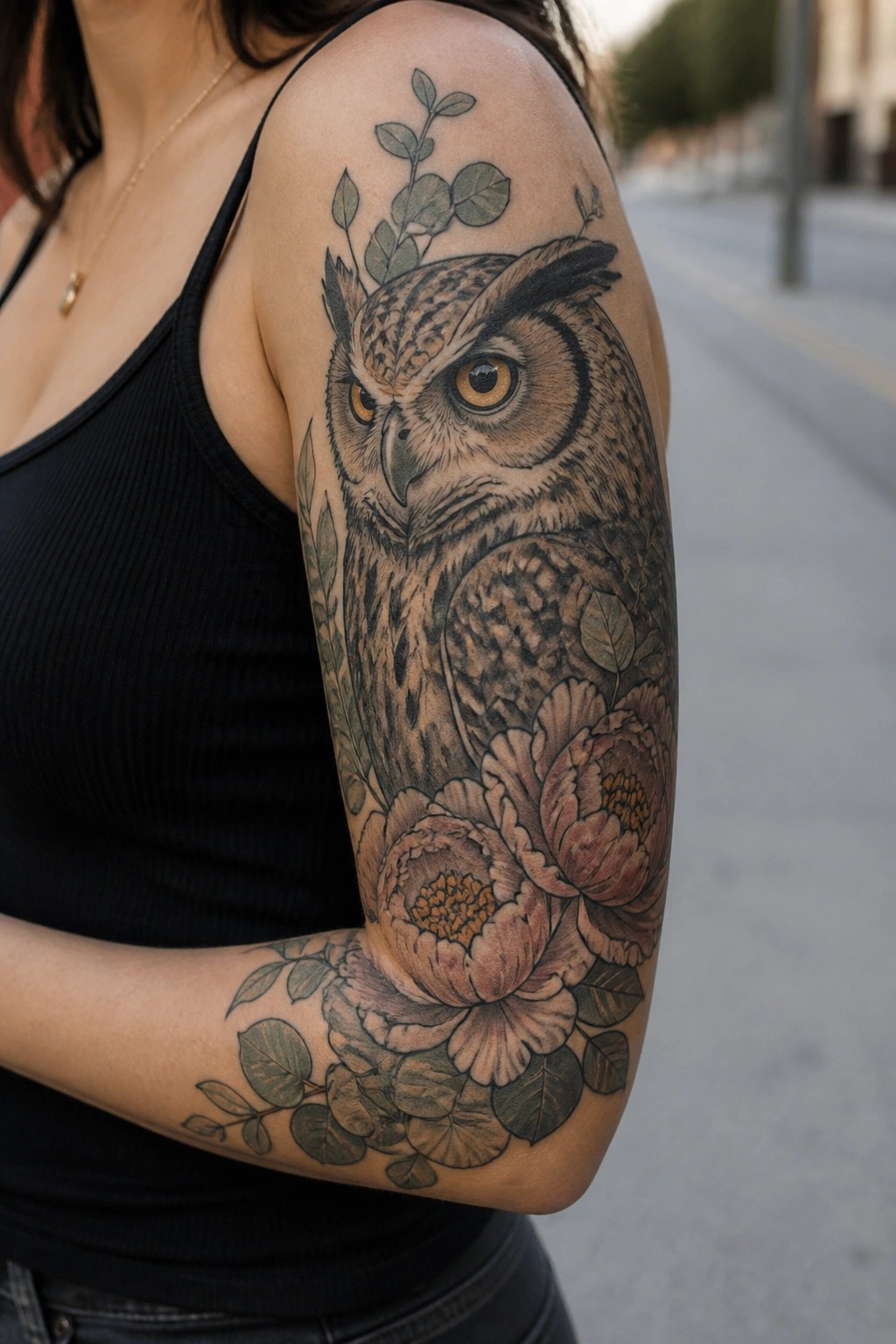 A realistic owl tattoo with flowers and leaves covering a woman's upper arm and forearm.