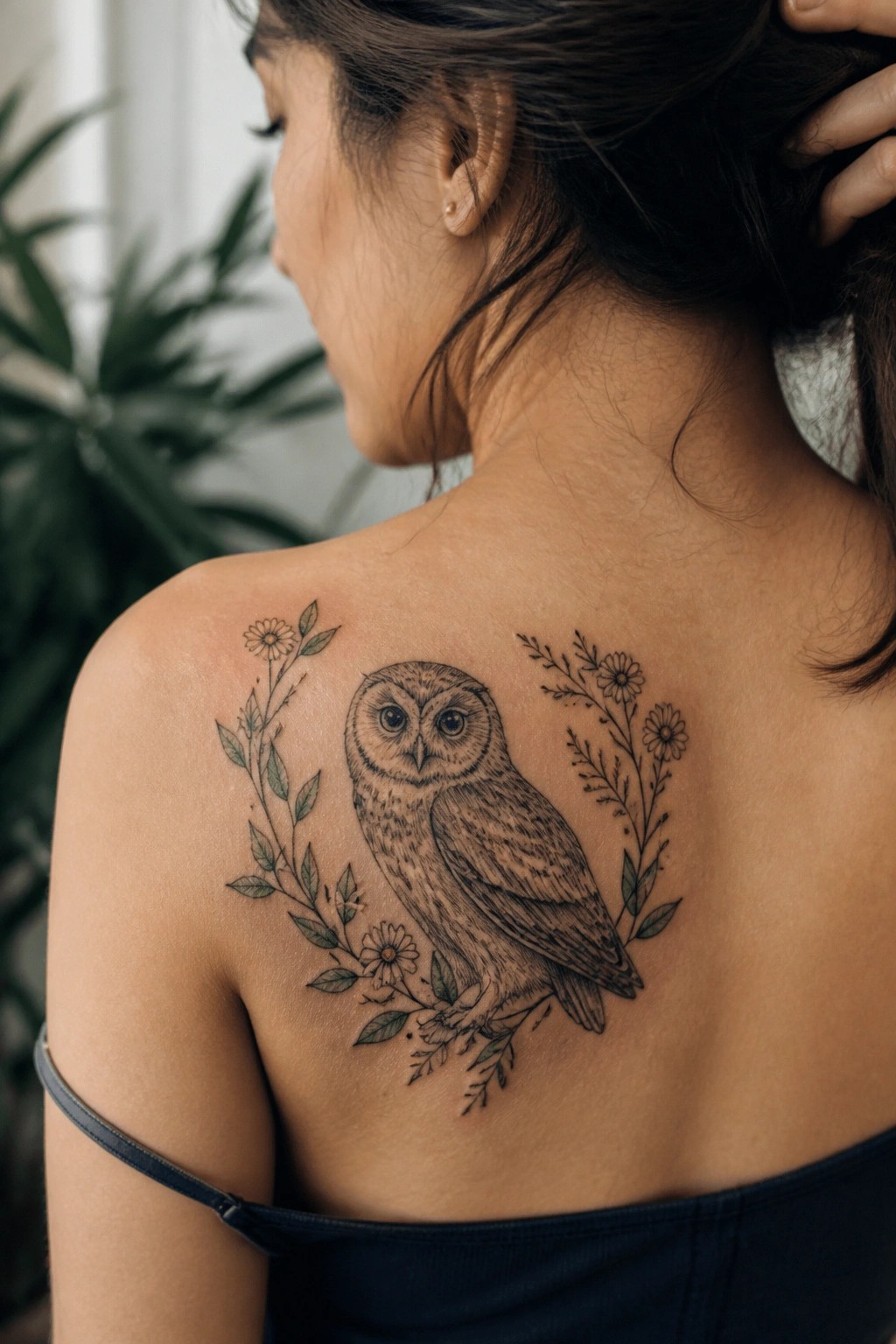 Woman's bare shoulder with detailed owl tattoo amid flowers and leaves, black strap visible.