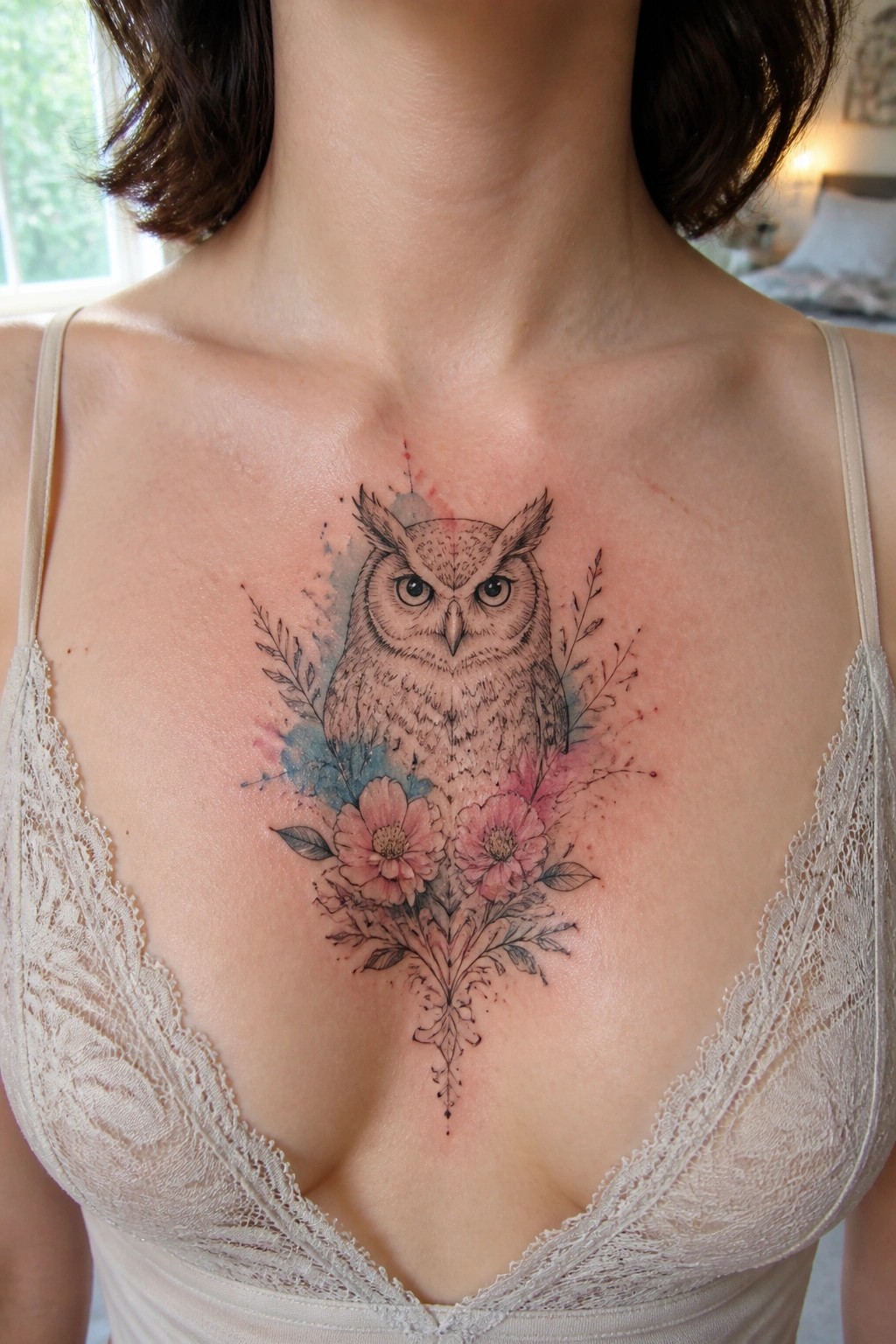 Owl and pink floral tattoo with watercolor on chest above lace bra