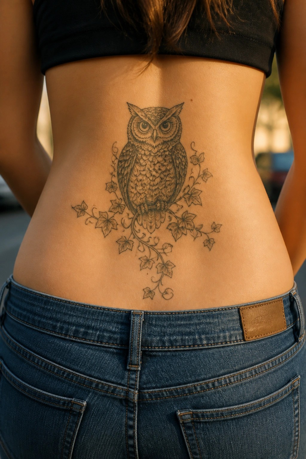 Owl and ivy tattoo on lower back between black crop top and blue jeans