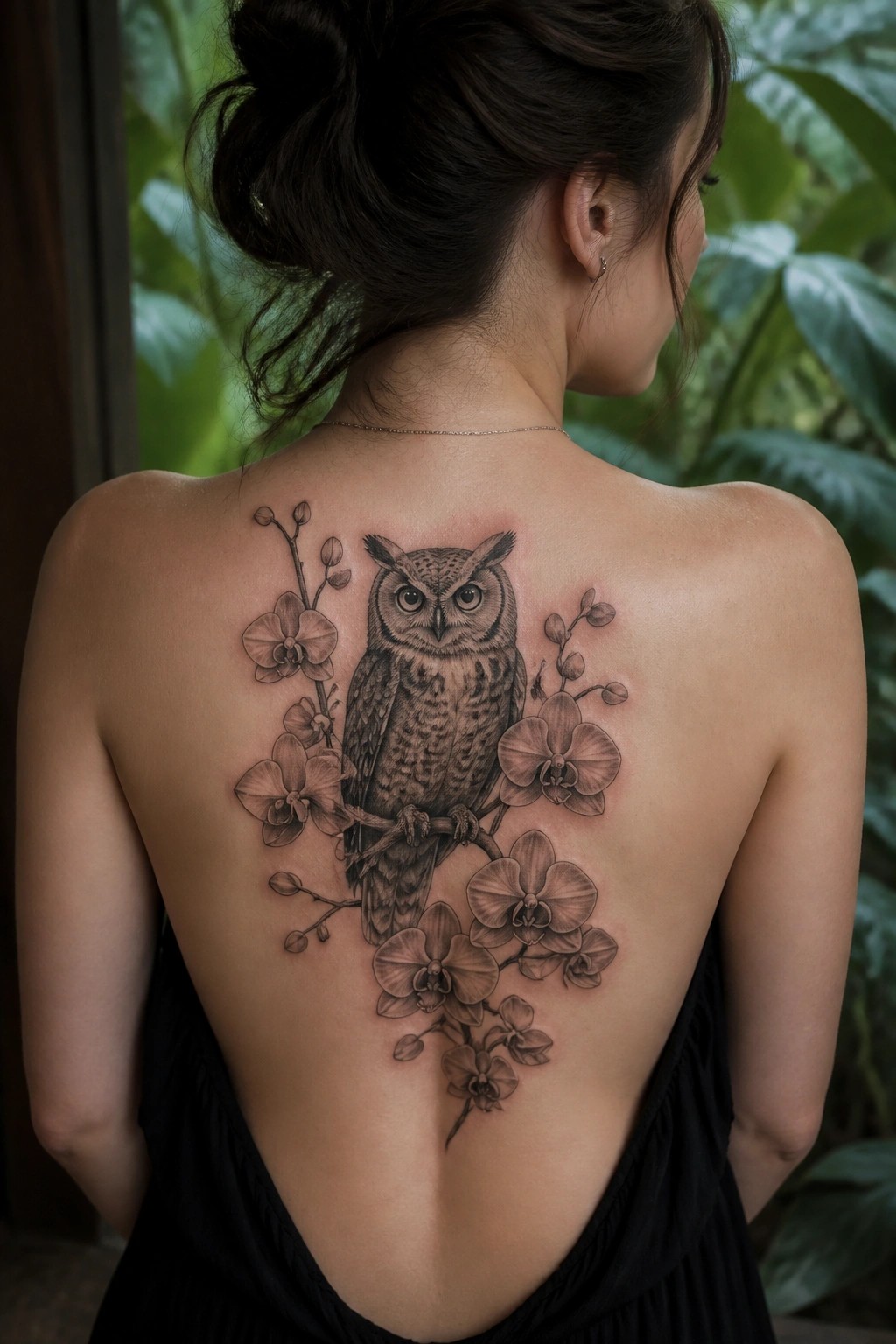 Realistic black and grey tattoo of an owl on a branch with orchids around it on a woman's upper back