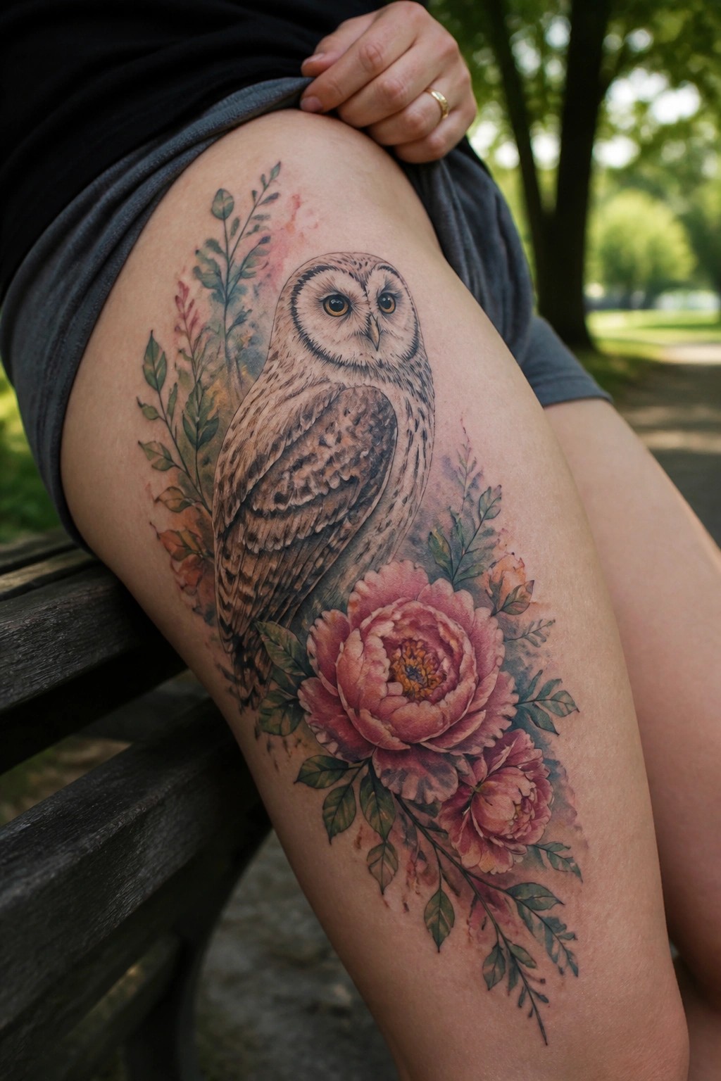 Owl tattoo with pink peonies and leaves on thigh in watercolor style
