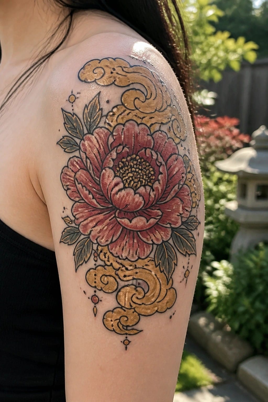 Large red peony tattoo with golden clouds on shoulder, black top, garden backdrop.