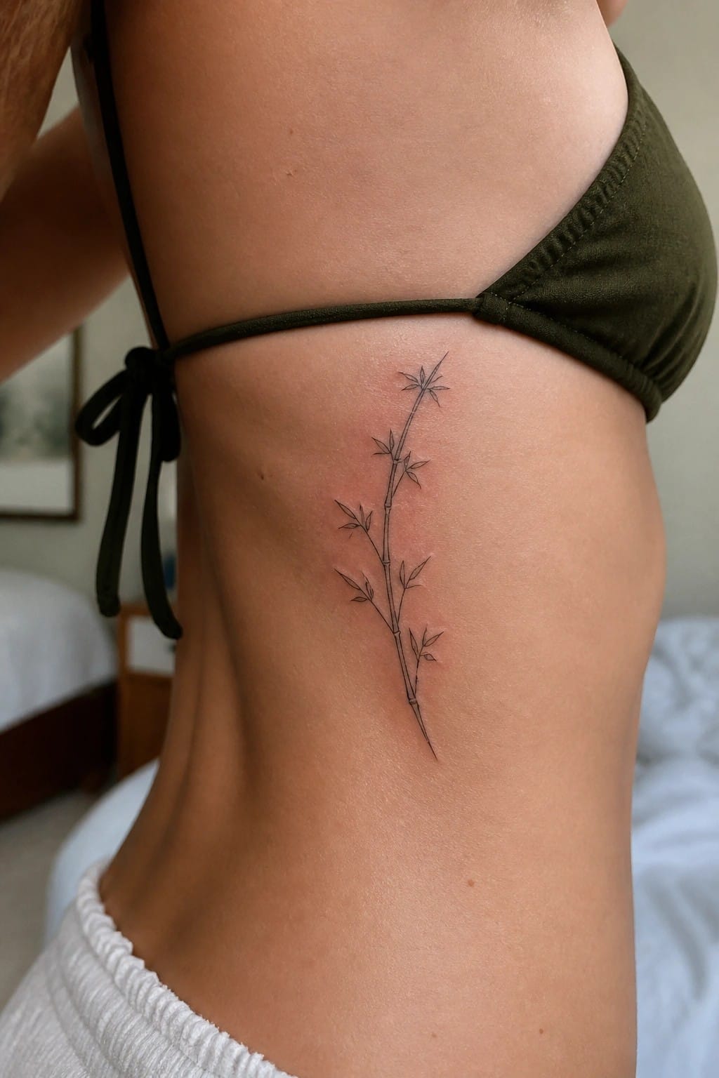 Bamboo tattoo on ribs beside olive green bikini top with black ties