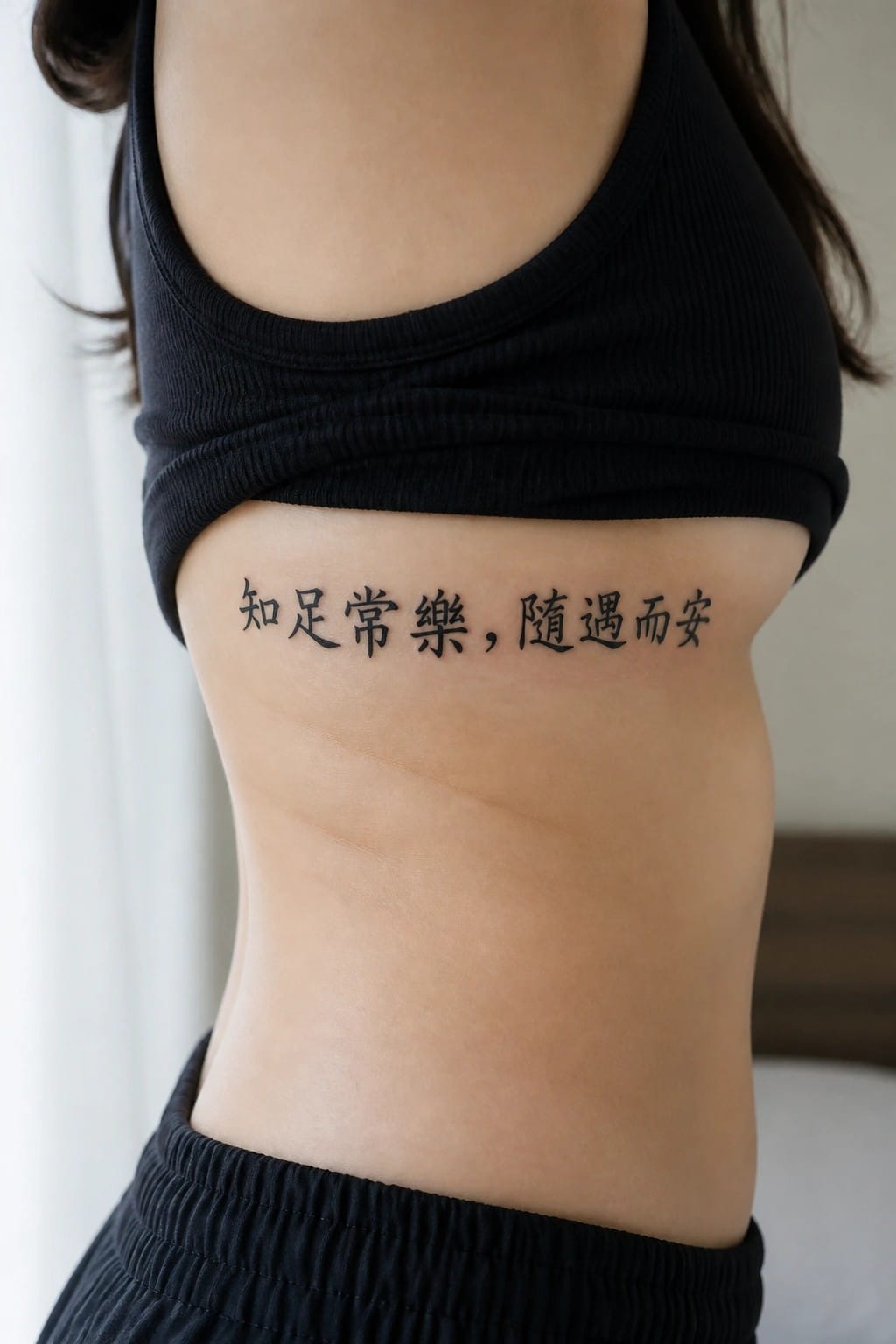 Black crop top lifted to reveal Chinese script tattoo on midriff