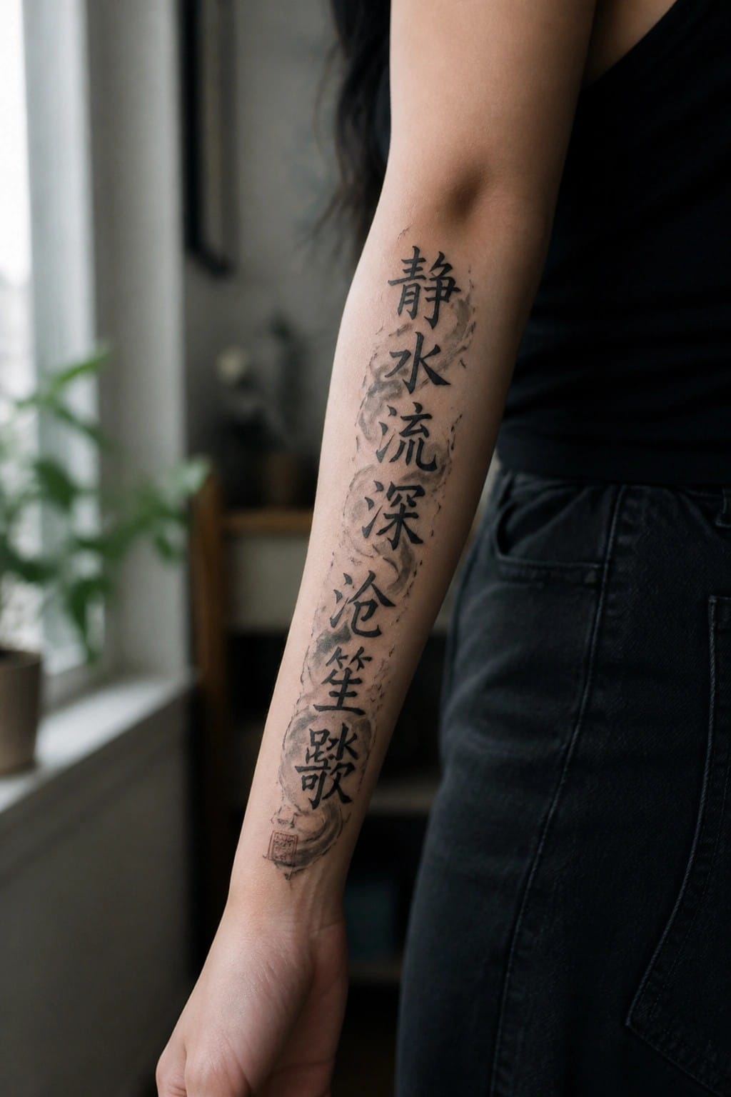 Person's arm with vertical Chinese characters tattoo in watercolor style and red seal.