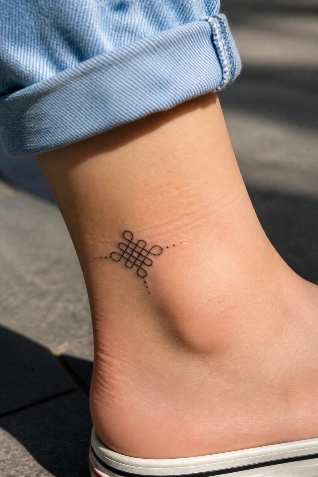 Small black line tattoo of a Chinese endless knot on the ankle with dotted extensions on both sides.