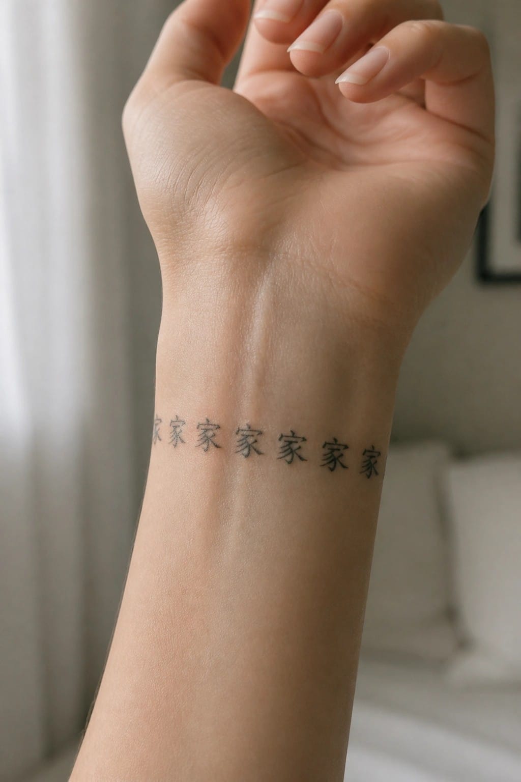Wrist with black ink tattoo of repeated Chinese characters 