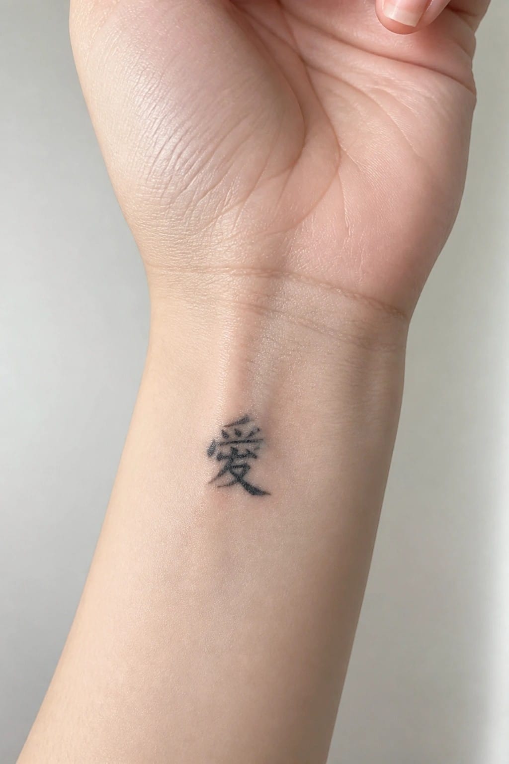 Light-skinned hand with black Chinese character tattoo for love on inner wrist