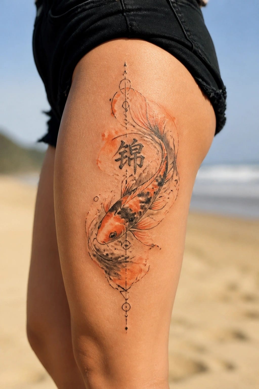 Watercolor koi fish tattoo on thigh with Chinese character and geometric accents