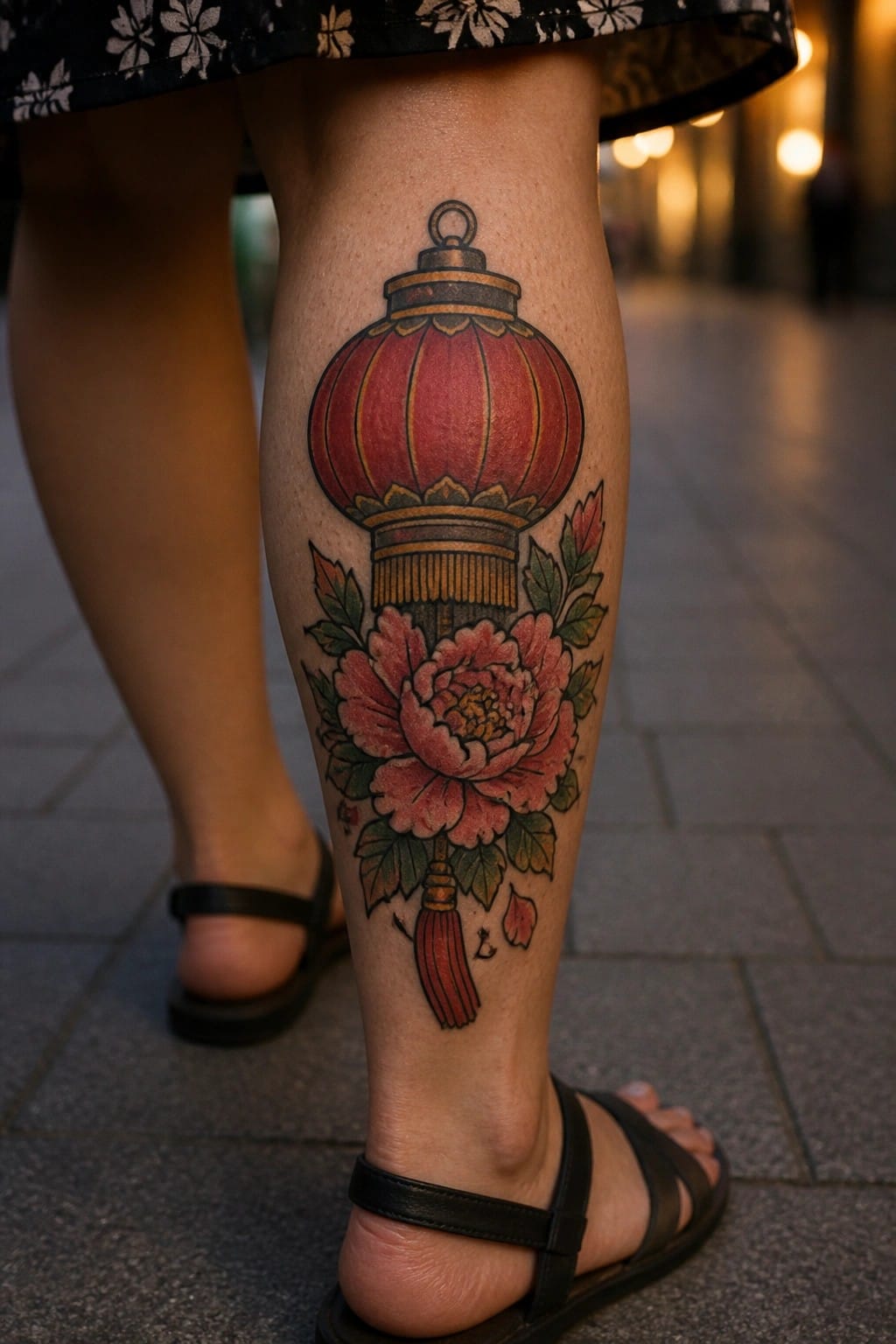 A red Chinese lantern tattoo with a peony flower below it on a woman's calf.