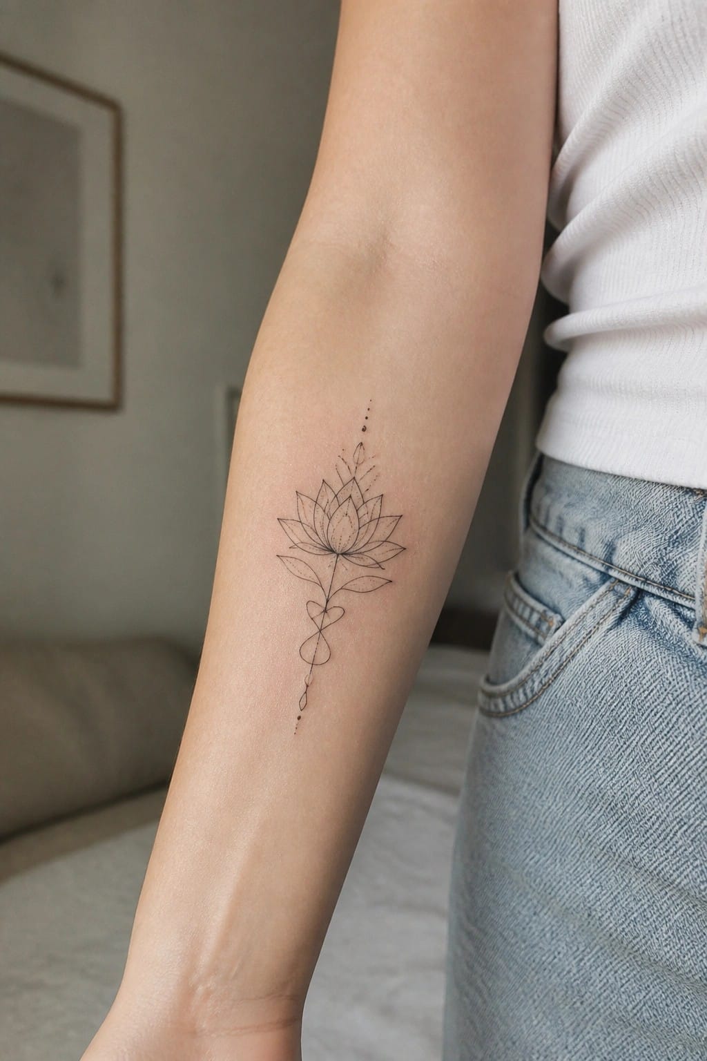 Intricate black lotus tattoo on forearm beside white shirt and blue jeans.