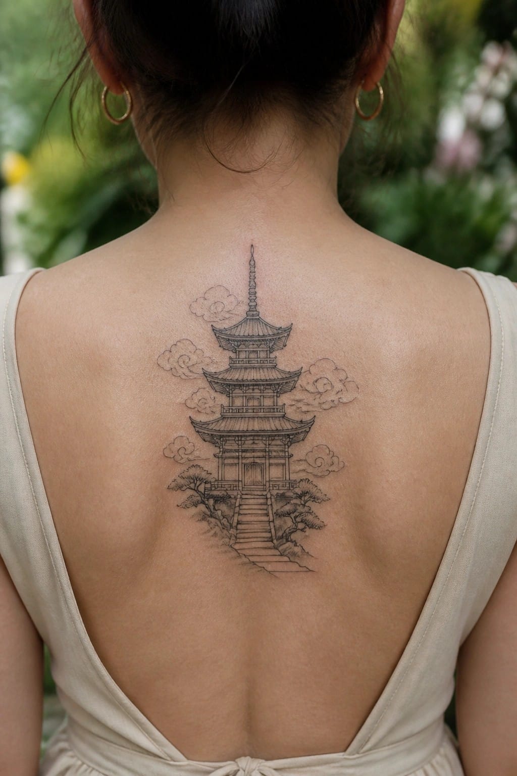 Black and grey fine line tattoo of a multi tiered pagoda with clouds and trees centered on a woman's upper back