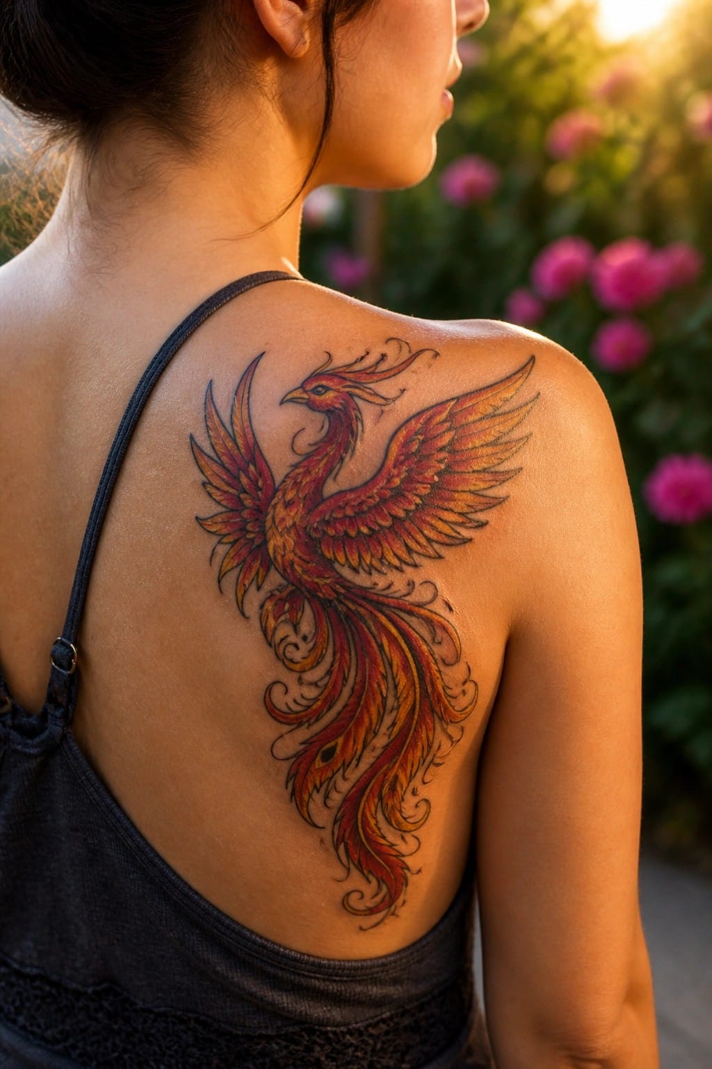 Woman with a large colorful phoenix tattoo spanning her upper back and shoulder, shown from behind in a garden setting.