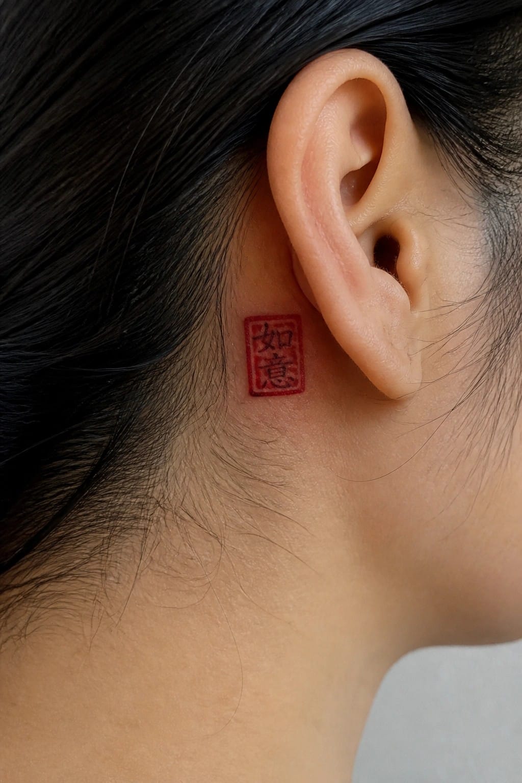 Close-up of ear with red Chinese seal tattoo behind it on skin