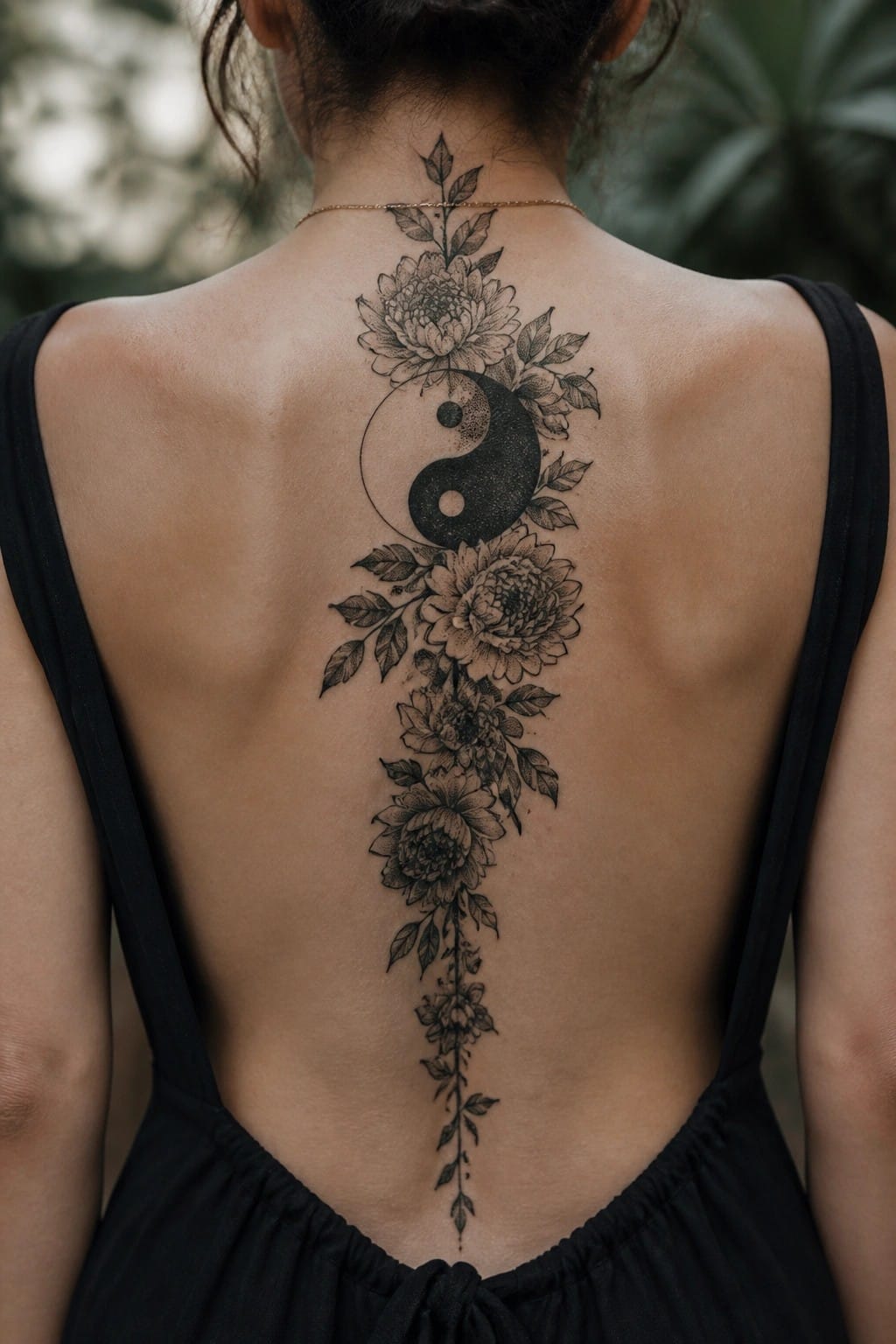 Black ink yin yang tattoo with surrounding flowers and leaves placed vertically along a woman's spine.