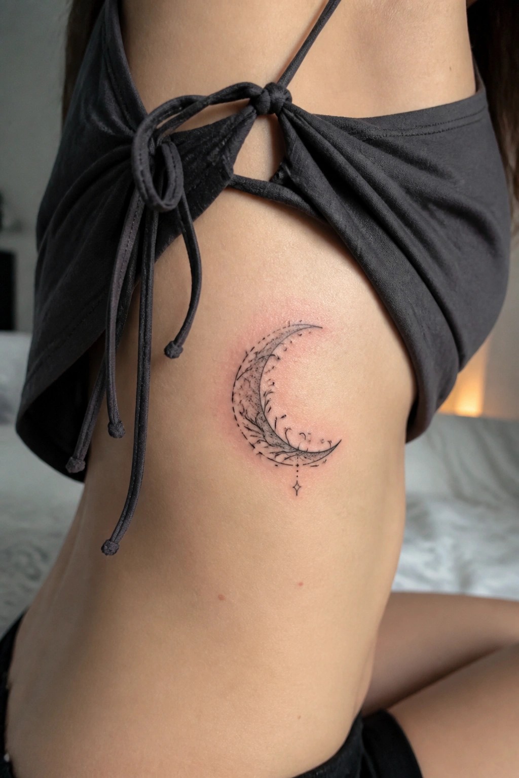 Fine line crescent moon tattoo with leaf details on the ribs