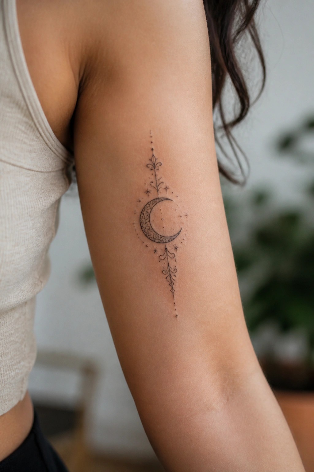 Intricate crescent moon tattoo with stars and floral designs on upper arm.