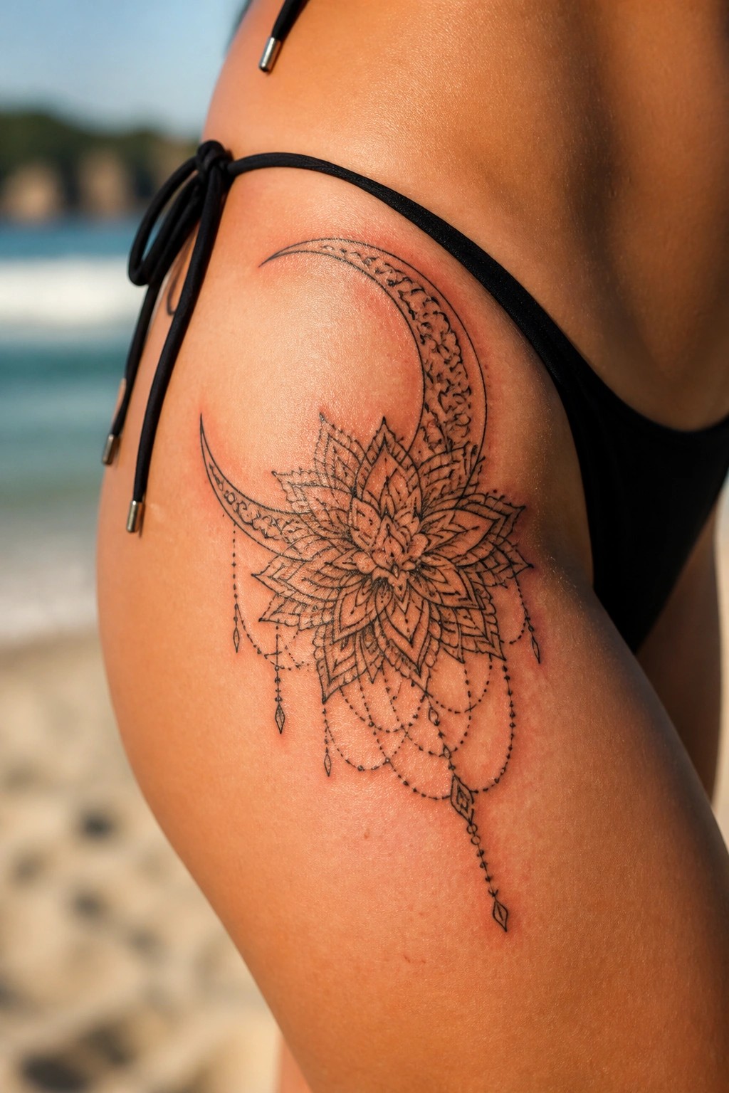 Crescent moon and lotus tattoo on thigh with black bikini at beach