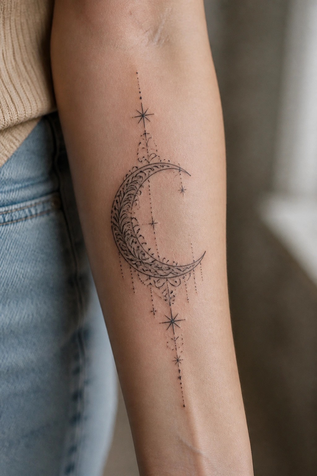 Ornamental crescent moon tattoo on inner forearm with floral patterns inside the moon, stars, and dotted lines extending vertically