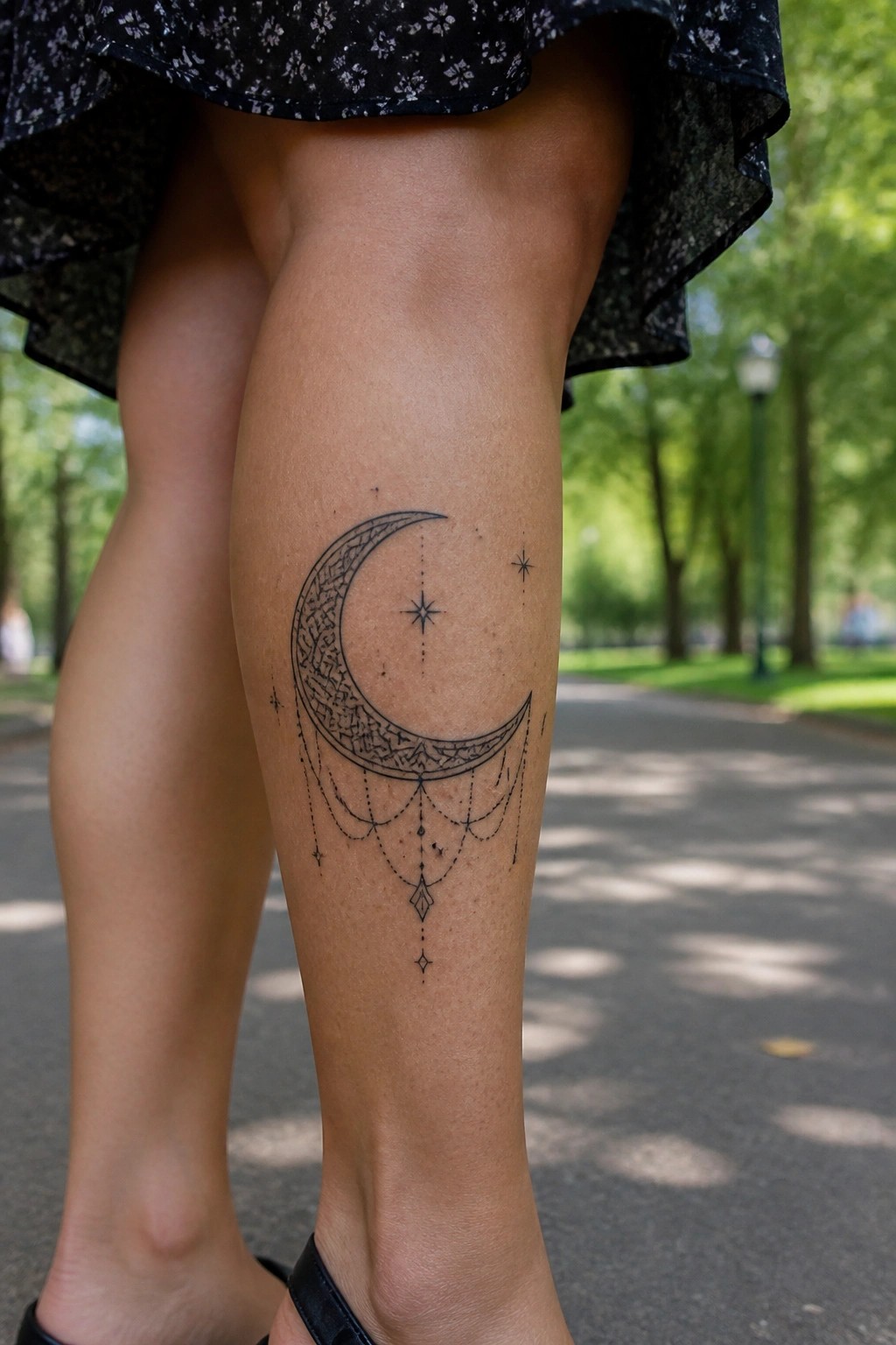 Ornate crescent moon tattoo with stars on leg under black floral skirt in park