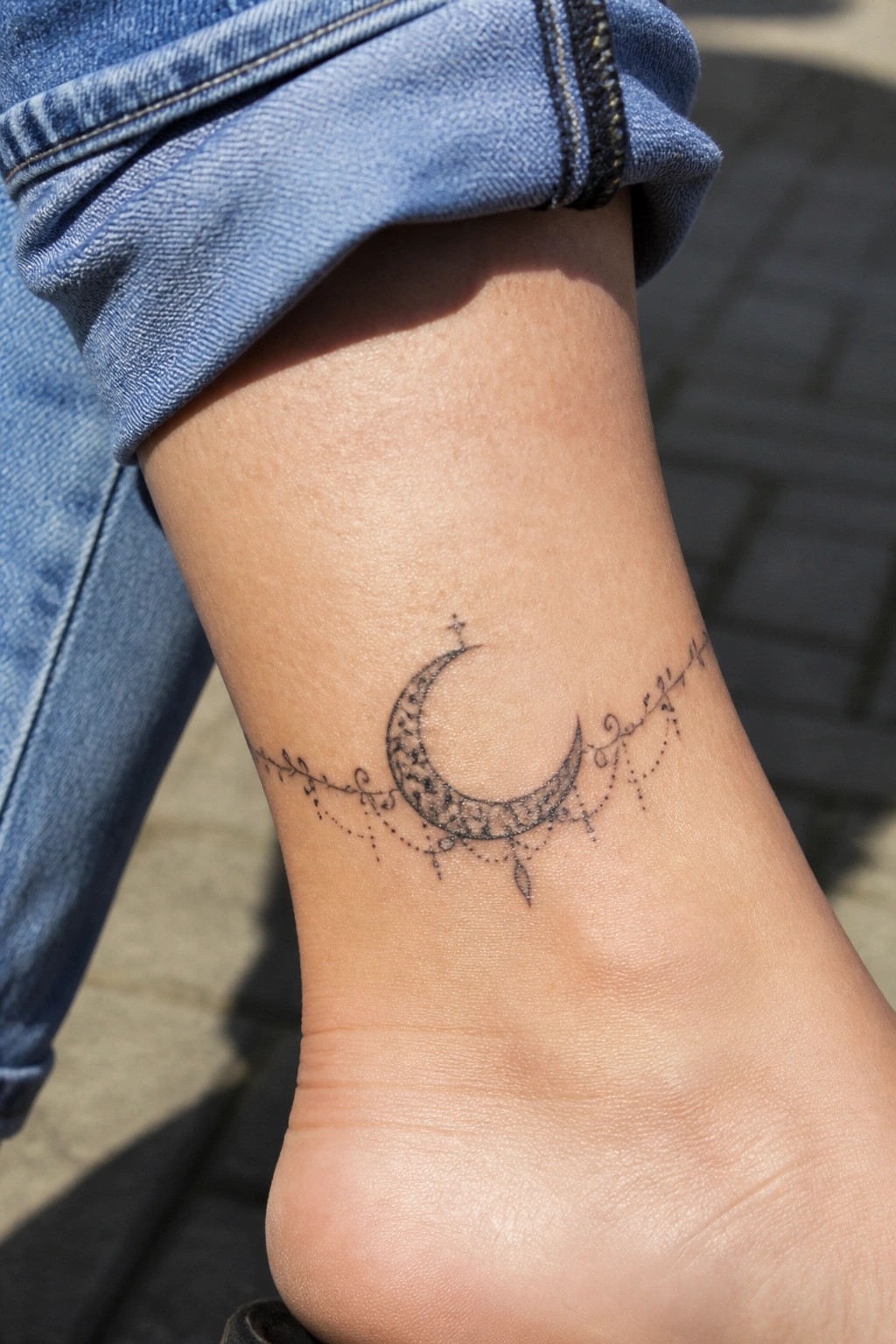 Delicate crescent moon tattoo on the ankle with fine line ornaments and dotted details.